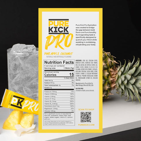 Pure Kick PRO Hydration Electrolyte Drink Mix, Pineapple Coconut, 1 Box with 6 Packets