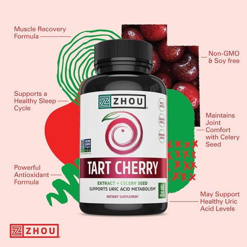 Zhou Tart Cherry Extract + Celery Seed, 1000mg Tart Cherry Capsules for Sleep & Uric Acid Cleanse, 60 Veggie Capsules