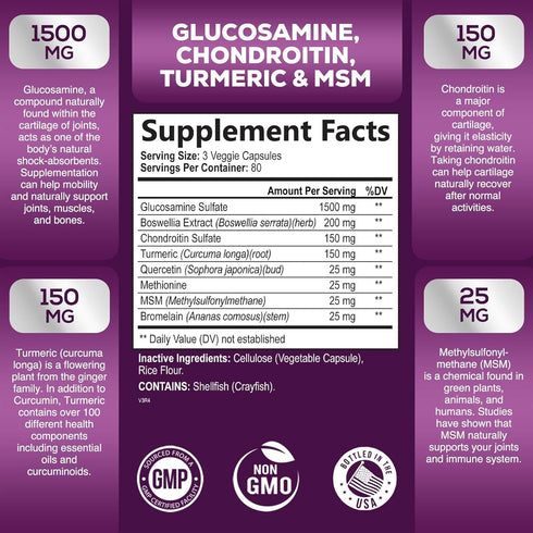 Glucosamine Chondroitin Supplements MSM Complex - Joint Support with Turmeric, Boswellia, Quercetin for Joints, Back, Hands, Bones, Knees & Mobility, Triple Strength Glucosamine Sulfate - 240 Capsules