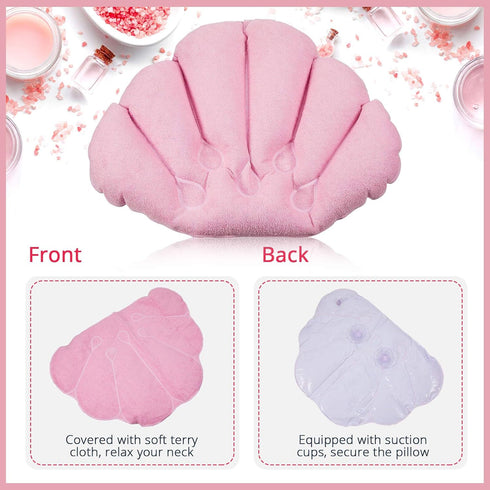 Jetec 3 Pieces Inflatable Bath Pillow with Suction Cups, Soft Terry Cloth Covered Shell Shape Bathtub Spa Pillow for