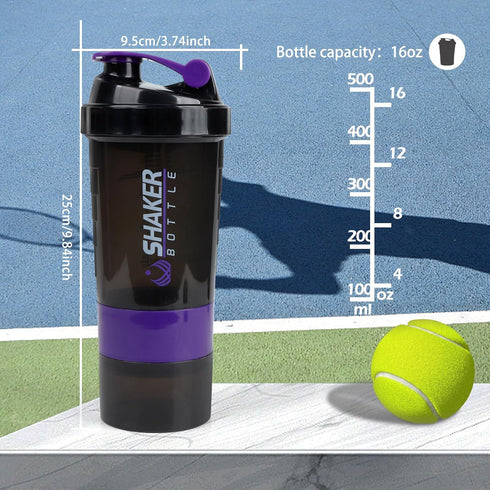 Shaker Bottle, 500ML Protein Shaker Cup with Storage Compartments for Smooth Mixing (Purple & Black)