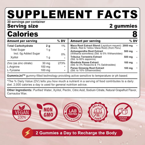 2 Pack Sugar Free Maca Root Gummies 2000mg with Ashwagandha, Tribulus Terrestris, Rhodiola & Panax Ginseng for Energy