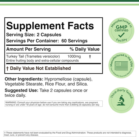 Turkey Tail Mushroom Supplement, 120 Capsules - 2 Month Supply, Immune System Support, Non-GMO, Gluten Free
