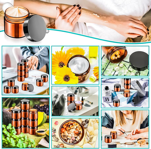 MotBach 16 Pack 2oz Amber Plastic Jars, 60ml Empty Small Round Cosmetic Jars with Black Lids for Refillable Makeup
