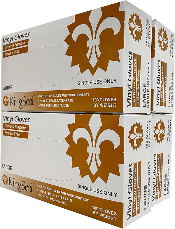 KingSeal LARGE Clear Vinyl Disposable Gloves, Powder-Free, 4 mil - 4 boxes of 100 Gloves (400 Count)