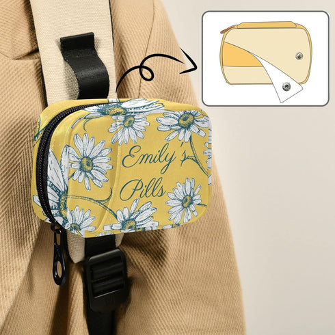 Naanle 7 Custom Pill Box Day Pill Case Bag Daisy Flowers Personalized Name Travel Pill Organizer Bag with Zipper