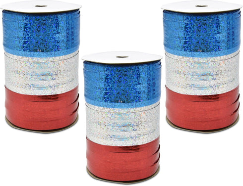 Patriotic Metallic Curling Ribbon Pack of 3, Red, Blue & Silver, 350 Yards Per Roll for 4th of July Gift Wrapping