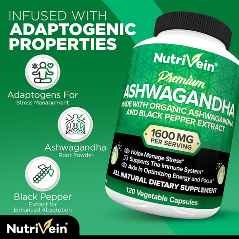 Nutrivein Organic Ashwagandha Capsules 1600mg with Black Pepper Extract - 120 Vegan Pills for Stress Relief & Immune