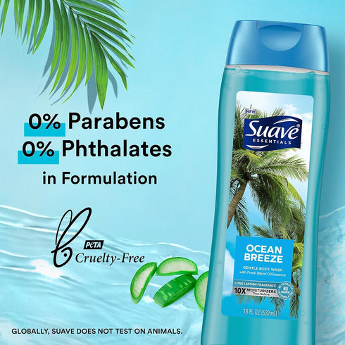 Suave Moisturizing Body Wash, Ocean Breeze Scent with Vitamin E Extract, 18 Oz Pack of 6