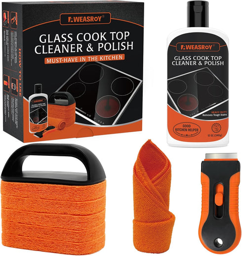 Glass Stove Top Cleaner Kit 12 oz, Non-Abrasive Cooktop Cleaner and Polish with Scrubbing Pad, Handle, Scraper, Cloth