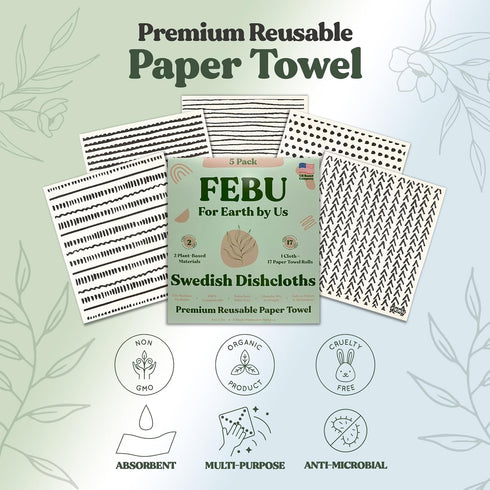 FEBU Swedish Dishcloths for Kitchen, 5 Pack Black Minimalist Reusable Paper Towels, Washable and Biodegradable