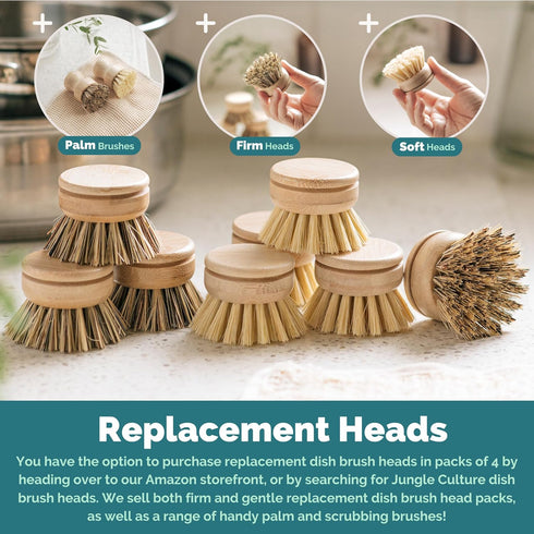 Jungle Culture Bamboo Dish Brush Set, 4 Piece with 3 Replacement Heads & Loofah Sponge, Eco-Friendly