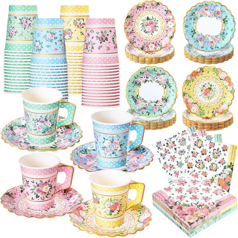 SUMMORO 180 Pcs Floral Paper Tea Cups and Plates 9 OZ Disposable Paper