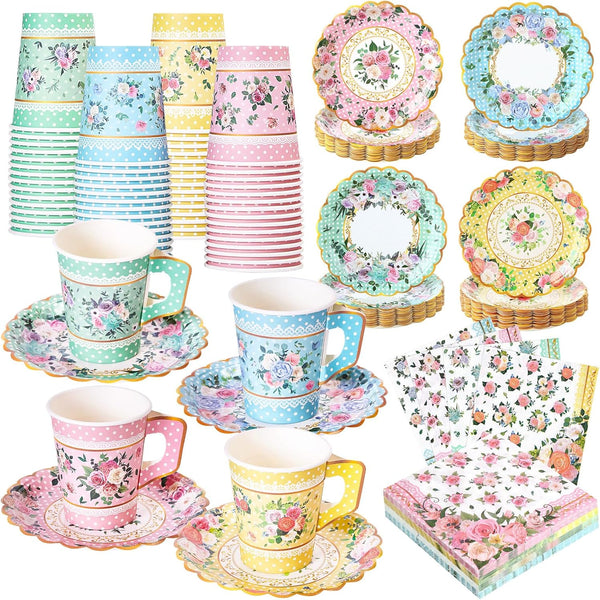 SUMMORO 180 Pcs Floral Paper Tea Cups and Plates 9 OZ Disposable Paper