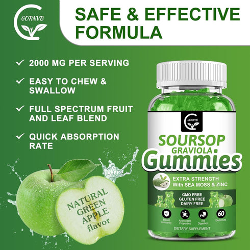 Organic Soursop Graviola Gummies, 2200mg Extra Strength, Zinc & Vitamin C, 60 Gummies, Vegan