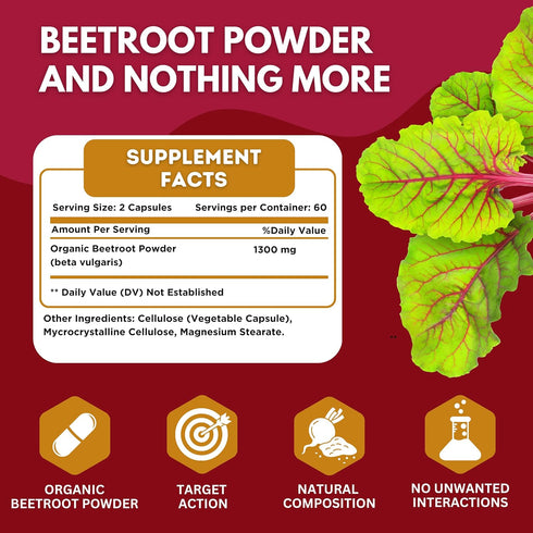 healblend Organic Nitric Oxide Beet Root Capsules 1300mg - Nitric Oxide Booster, Support Immune System - 120 Count