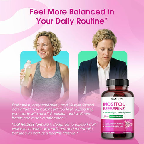 VITAL HERBAL 150 Liposomal Inositol with Berberine, Chasteberry & Ashwagandha Supports Womens Wellness, Hormone Balance