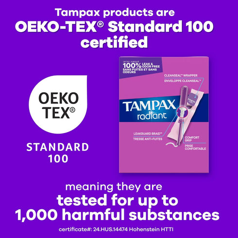 Multipack, 112 Count (4 Packs 28), Packaging Tampax Radiant Tampons for Women with LeakGuard Braid, Regular/Super/Super