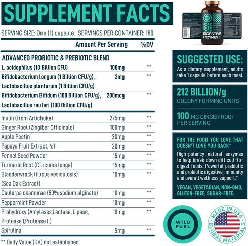 Digestive Enzymes with Probiotics and Prebiotics - Vegan Supplement for Gut Health & Digestion Support - 180 Caps