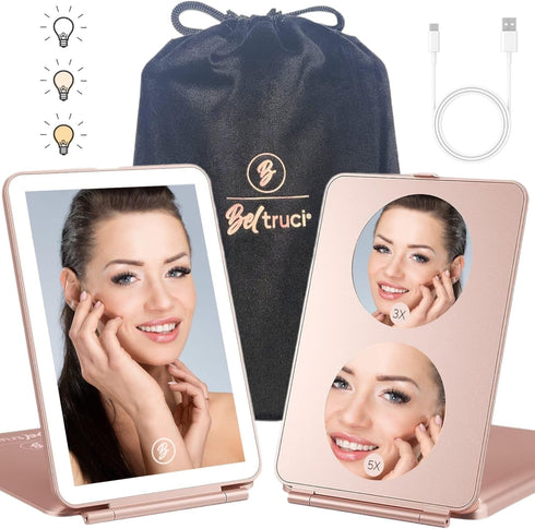 Portable Rechargeable Travel Makeup Vanity Mirror - Dimmable LED Lights, 3 Lighting Modes, Rose Gold