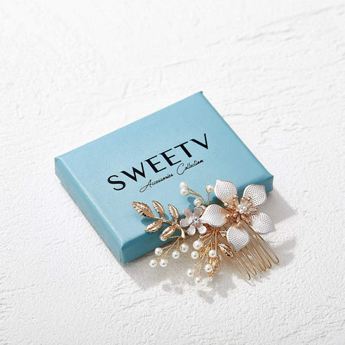SWEETV Gold Bridal Hair Clip, Floral Hair Comb Barrette for Brides Wedding