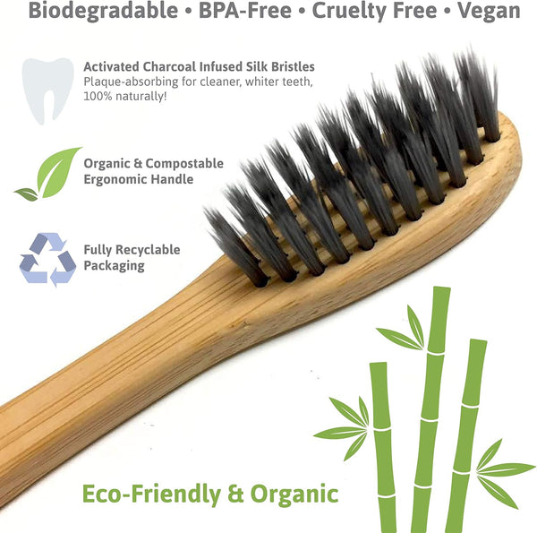 BPA-FREE, Biodegradable Bamboo Toothbrush - Charcoal Infused Naturally Whitening Bristles, 16-PACK