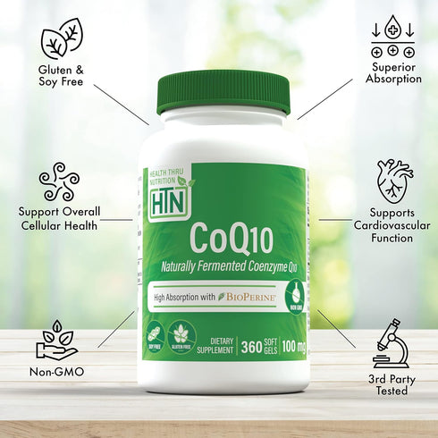 Health Thru Nutrition CoQ-10 100mg with BioPerine, 360 Softgels | Heart Health and Energy Support
