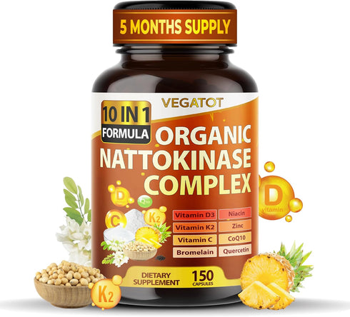 VEGATOT Organic Nattokinase Complex 7,500mg - 10IN1 Formula with Vitamin D3, Niacin, K2, Zinc, CoQ10, 150 Count