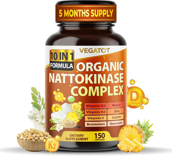 VEGATOT Organic Nattokinase Complex 7,500mg - 10IN1 Formula with Vitamin D3, Niacin, K2, Zinc, CoQ10, 150 Count