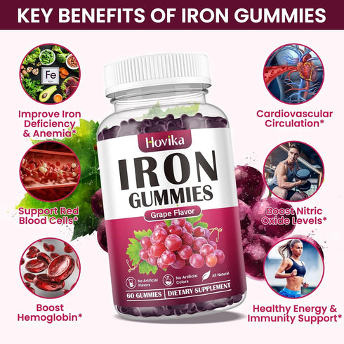 (2 Pack) Iron Gummies Supplement for Women & Men, Vegan Blood Builder with Vitamin C, B12, Folate - Grape Flavor, 120