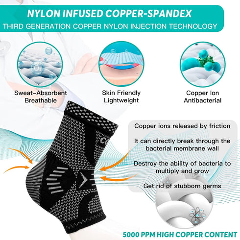 INDEEMAX Ankle Brace for Sprained Ankle, Copper Infused Compression Sleeve for Plantar Fasciitis, Silver Black, L
