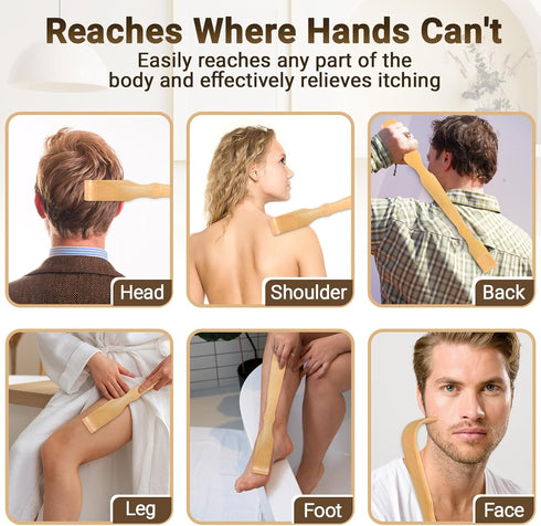 Renook 2PCS Wooden Bamboo Back Scratcher, 17" Natural Handmade Back-Scratchers for Men and Women, Upgraded Long Handle