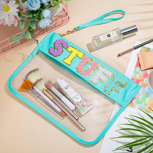 Sanwuta 2 Pcs Chenille Letter Clear Zipper Pouch - Transparent Travel Makeup Bag for Women (Beach Stuff, 11.8 x 8.2