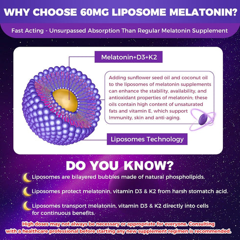 Melatonin 60mg for Adults High Dose, Supports Deep Sleep & Brain Cognition, Extra Strength Liposomal Melatonin