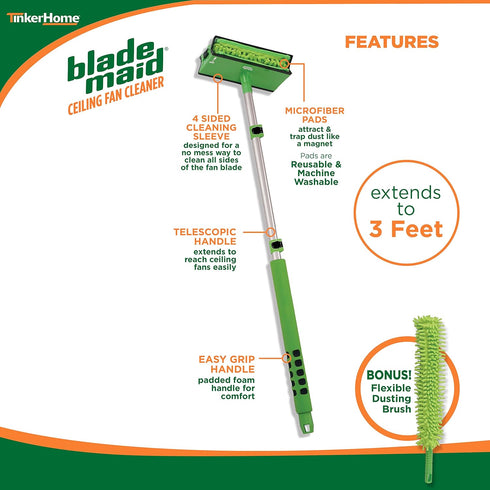 Blade Maid Ceiling Fan Cleaner - Cleaning Tool with Reusable Fiber Duster, 3 Foot Extendable Pole & Flexible Brush