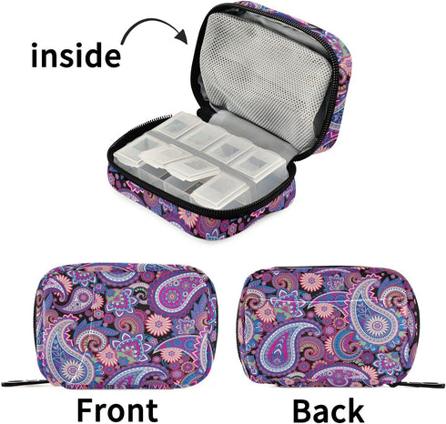 Naanle 7 4.6 3.14 1.88 Inch, Traditional Paisley Flowers Pill Box Day Case Travel Organizer Bag with Zipper Floral