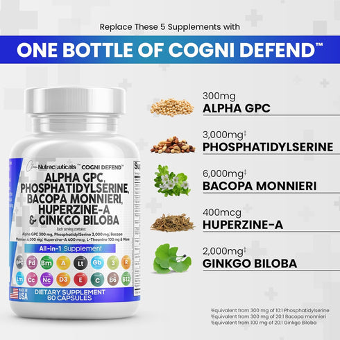 Clean Nutraceuticals Alpha GPC Choline 300mg, Phosphatidylserine 3000mg, Bacopa Monnieri 6000mg & Ginkgo Biloba