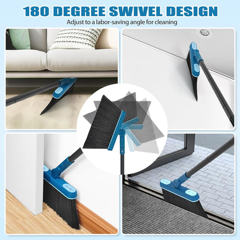 JEHONN Dustpan and Brush Set, 54" Long Handle Swivel Broom, Foldable Dust Pan with Comb Teeth for Cleaning