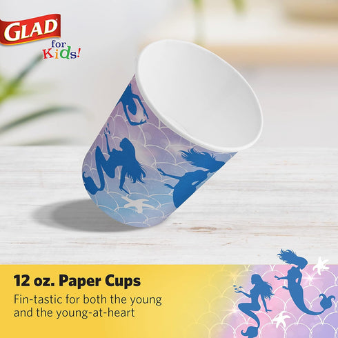 Glad for Kids Mermaid Theme Disposable Paper Cups, Heavy Duty Soak Proof Design for Drinking, 9 Ounce, 20 Count