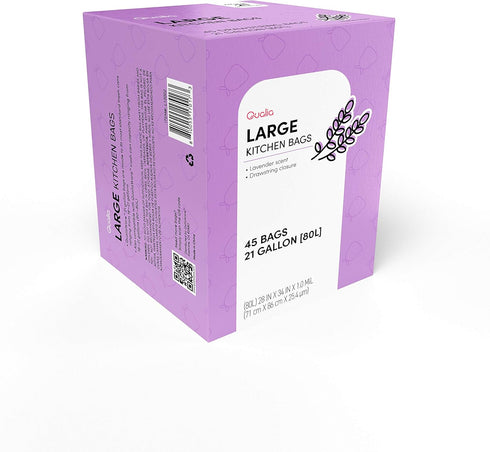 QUALIA Lavender Scented Trash Bag - 21 Gal / 80 Liter, Heavy Duty Drawstring Closure, 45 Bags, White