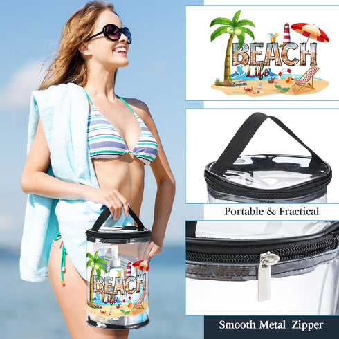 Sanwuta Beach Theme Clear Lotion Toiletry Bag Travel Makeup Case Waterproof PVC Cosmetic Bag with Handle Zipper Portable Survival Organizer Pouch for Women Pool Gift Birthday Summer Party