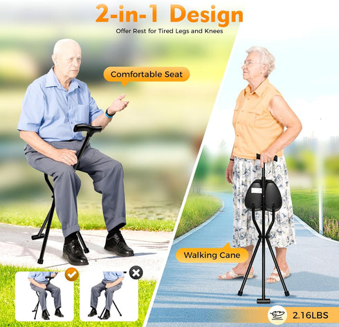 WXLTSGM 3 Portable Walking Stick, Folding Cane Chair with Seat Non-Slip Legged Portable Elders Travel Hiking Chair