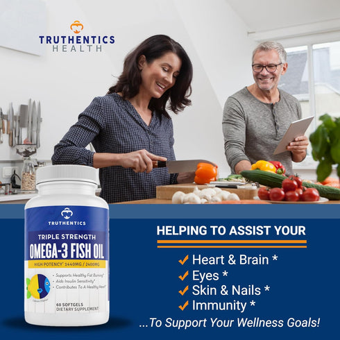 TRUTHENTICS Omega 3 Fish Oil, 2400 mg Triple Strength, Burp-Free Lemon Flavor, 60 Softgels