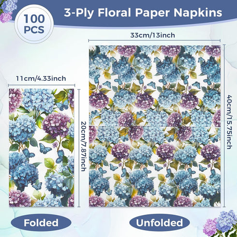 Homlouue 100PCS Watercolor Hydrangea Floral Napkins, 3 Ply Disposable Guest Towels for Spring Summer Fall