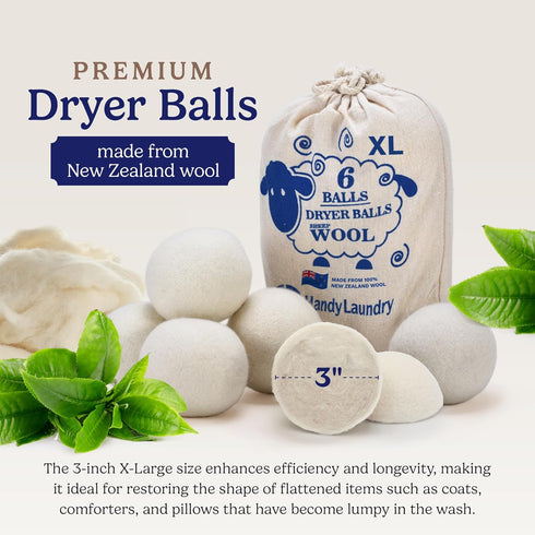 Handy Laundry Wool Dryer Balls - Natural Fabric Softener, Reusable, Pack of 6, Reduces Wrinkles & Saves Time