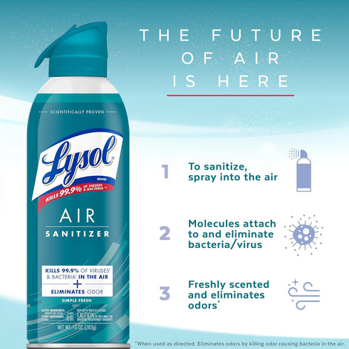 Lysol Air Sanitizer Spray, Simple Fresh Scent, 10 Fl. Oz for Air Sanitization and Odor Elimination (Pack of 3)