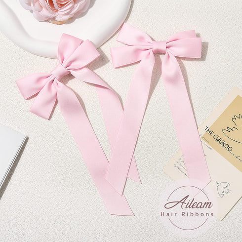 Silky Satin Hair Bows and Ribbons, 2PCS Pink Alligator Clips for Ponytail Holders, Hair Accessories for Women