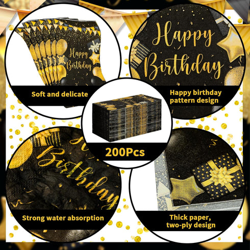 Zonon 200 Pcs Happy Birthday Guest Napkins Black and Gold Themed Disposable Party Napkins Balloon Disposable Hand