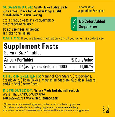 Nature Made Vitamin B12 1000 mcg - Easy to Take Sublingual B12 for Energy Metabolism Support, 150 Sugar Free Tablets