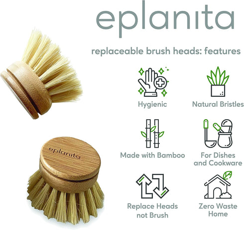 Replacement Brush Heads (Pack of 8) for Bamboo Dish Brush, Sisal Bristle Refills, Agave Cactus Fibres, Kitchen Eco